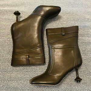 ⚡Women's Green Ankle Boots Shaped High Heel Petal Shaped Toe Wide Calf Boots